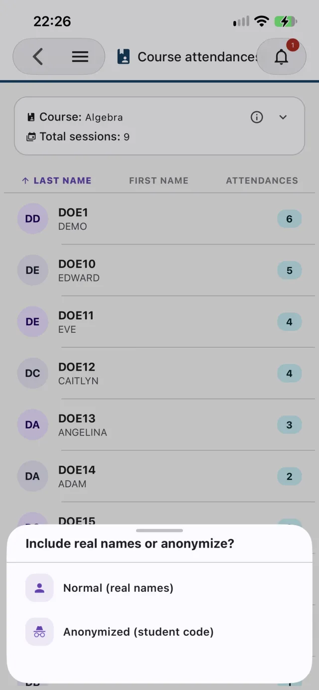 The same Normal or Anonymized choice when exporting course attendances
