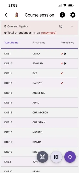 Course session screen with live attendance list