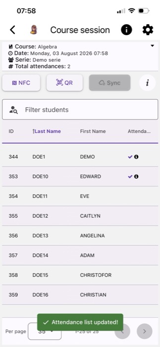Course session screen with live attendance list