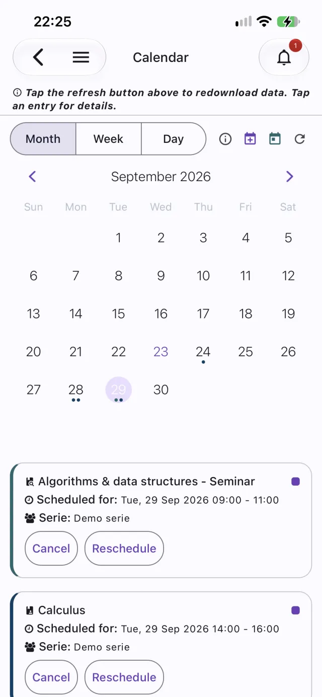 Month calendar with a day’s sessions, each with Cancel and Reschedule actions