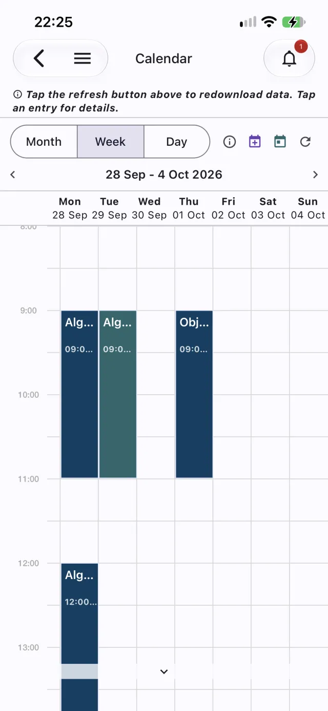 Week view with sessions on an hour-by-hour timeline