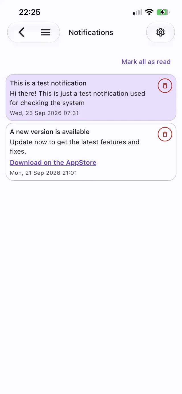 Notifications inbox with an unread notification, an announcement with a link, and Mark all as read