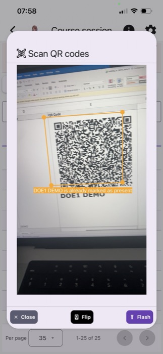 Scanning a student QR code with the camera